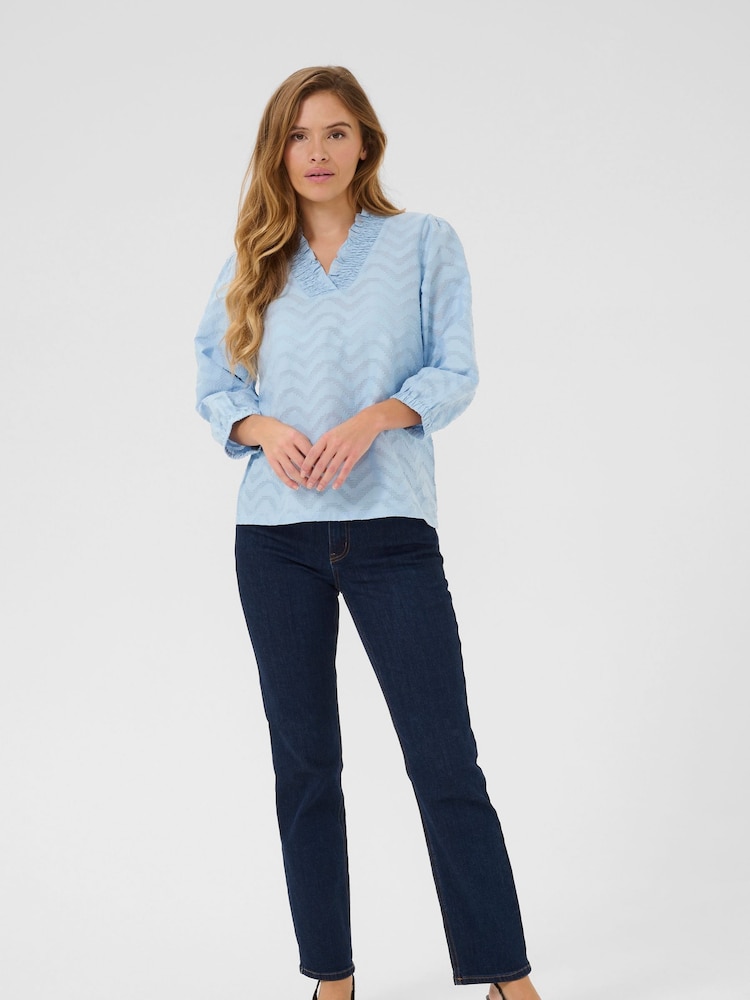 Kaffe Blue KAvictoria V-Neck 3/4 Sleeve 100% Cotton Blouse - Image 2 of 5 Kaffe Blue KAvictoria V-Neck 3/4 Sleeve 100% Cotton Blouse - Image 2 of 5