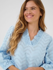 Kaffe Blue KAvictoria V-Neck 3/4 Sleeve 100% Cotton Blouse - Image 3 of 5