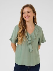 Kaffe Green KAmariana Short Sleeve Frill Blouse - Image 1 of 5