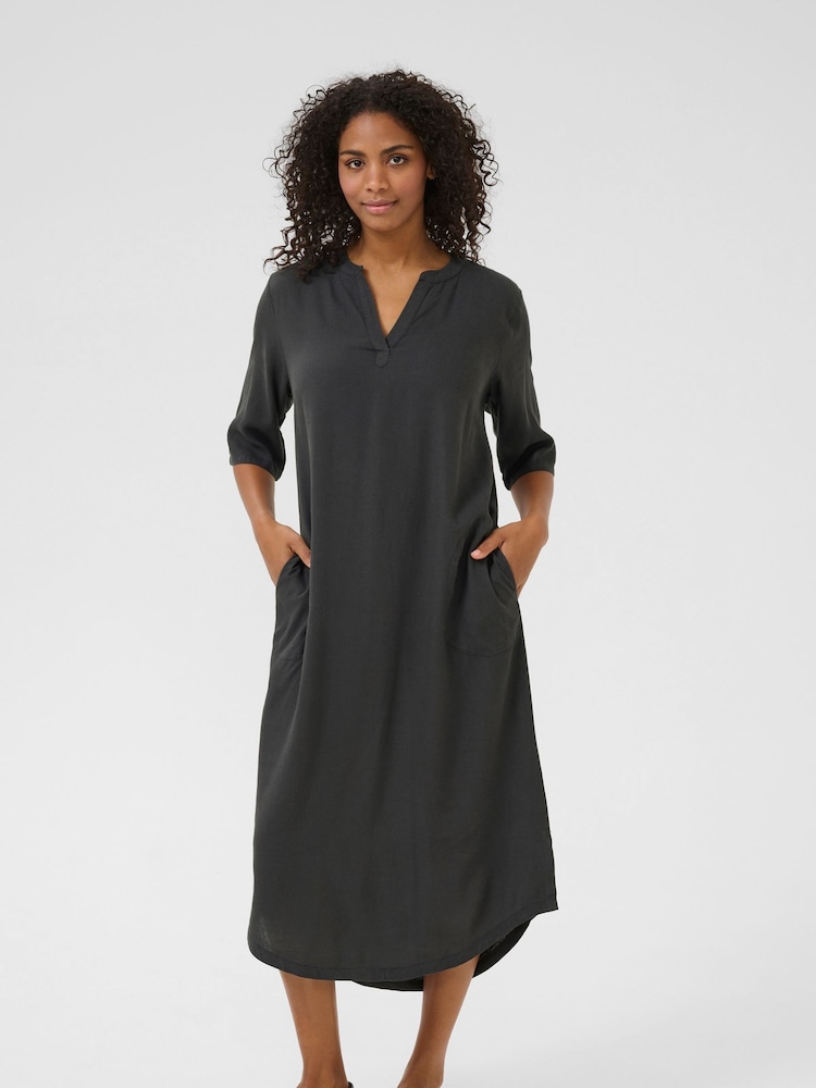 Kaffe KAmilia Black 3/4 Sleeve Kaftan Midi Dress - Image 2 of 4