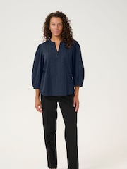 Kaffe Blue KAjollia 3/4 Sleeve V-Neck 100% Cotton Blouse - Image 2 of 5