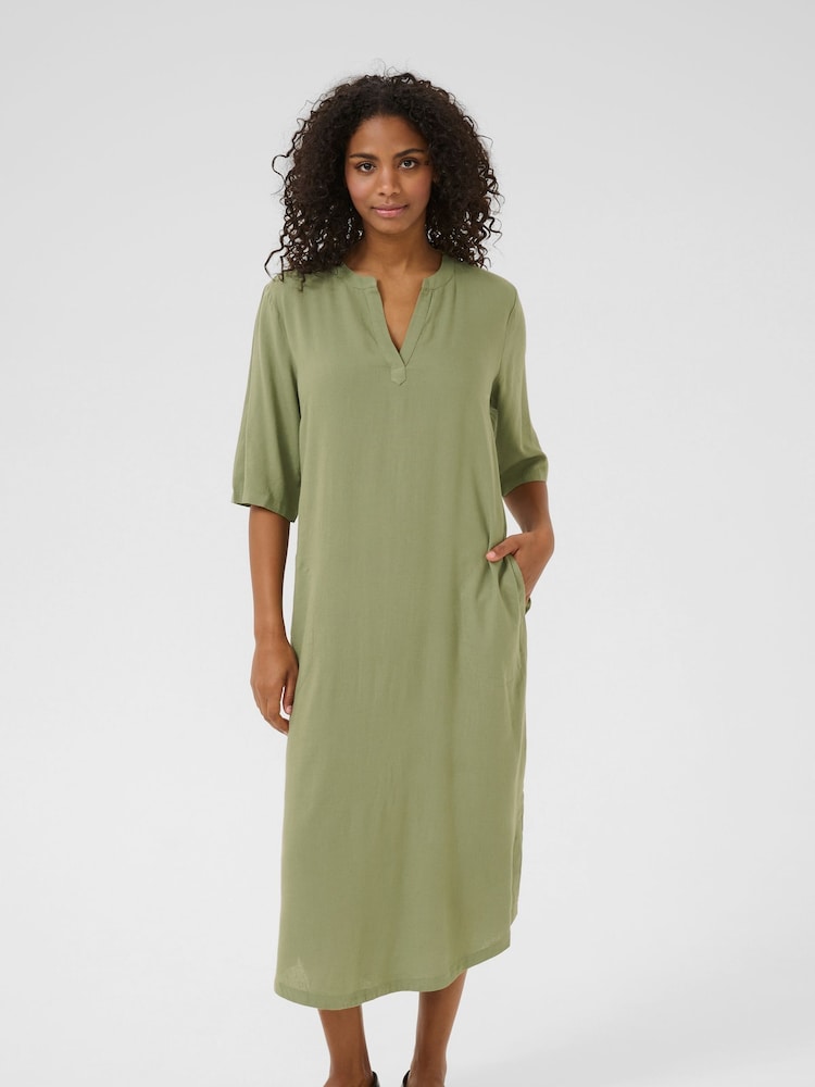 Kaffe Green KAmilia 3/4 Sleeve Kaftan Midi Dress - Image 1 of 4 Kaffe Green KAmilia 3/4 Sleeve Kaftan Midi Dress - Image 1 of 4
