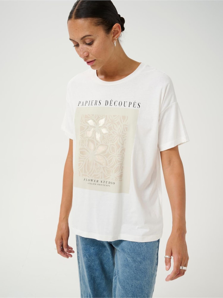 Kaffe KAfin 100% Cotton Relaxed Fit Floral Print White T-Shirt - Image 1 of 6