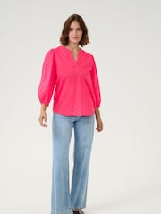 Kaffe Red KAjollia V-Neck 3/4 Sleeve 100% Cotton Blouse - Image 4 of 6
