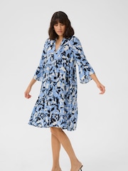 Kaffe Blue KAedita Amber V-Neck 3/4 Sleeve Dress - Image 1 of 5