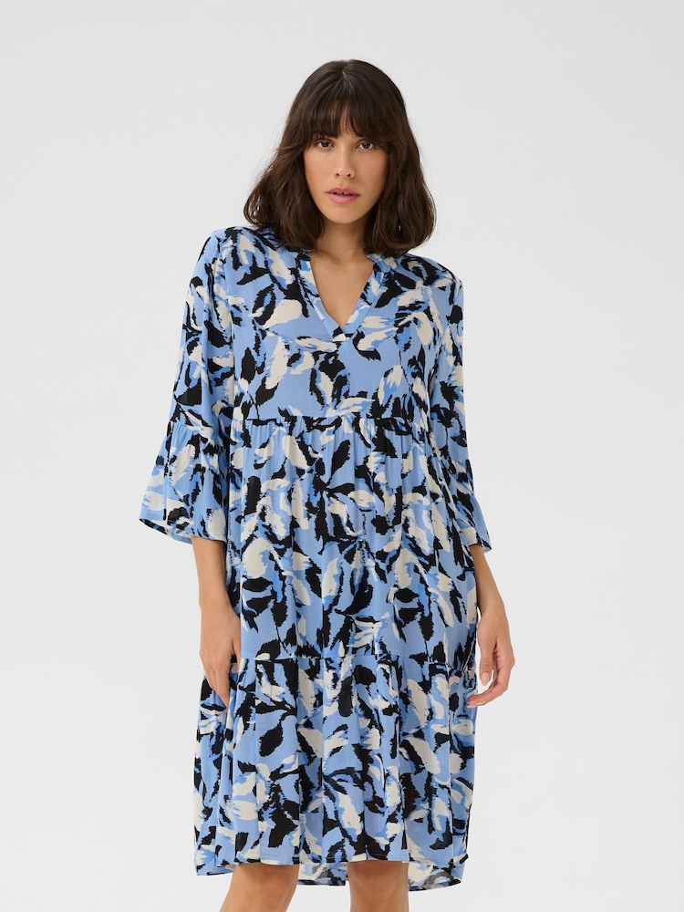 Kaffe Blue KAedita Amber V-Neck 3/4 Sleeve Dress - Image 2 of 5
