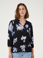 Kaffe Blue KAedita Amber V-Neck 3/4 Sleeve Blouse - Image 1 of 6
