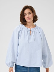 Kaffe Blue KAnelly Notch Neck Long Sleeves 100% Cotton Blouse - Image 1 of 4