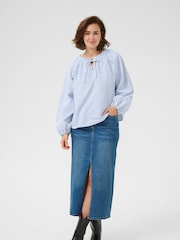 Kaffe Blue KAnelly Notch Neck Long Sleeves 100% Cotton Blouse - Image 2 of 4