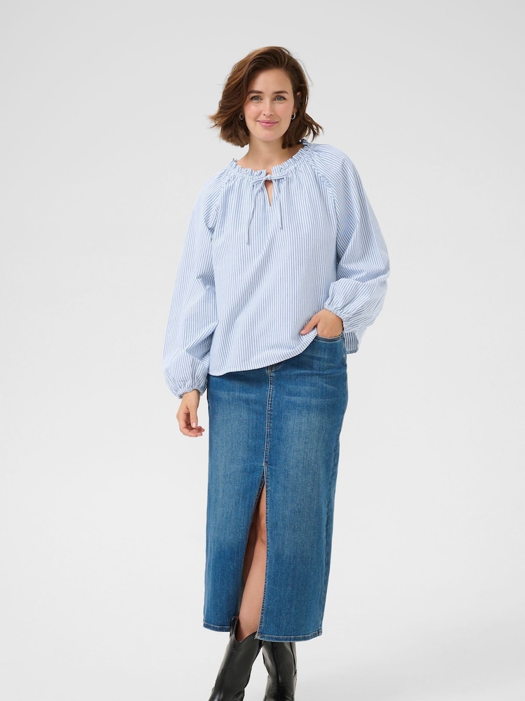 Kaffe Blue KAnelly Notch Neck Long Sleeves 100% Cotton Blouse - Image 2 of 4