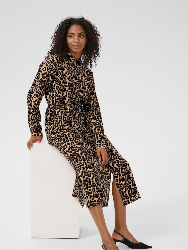 Kaffe Natural KAhannah Leopard Print Midi Dress - Image 1 of 5