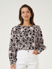 Kaffe KAhannah Floral Print Long Sleeve Black Blouse - Image 1 of 6