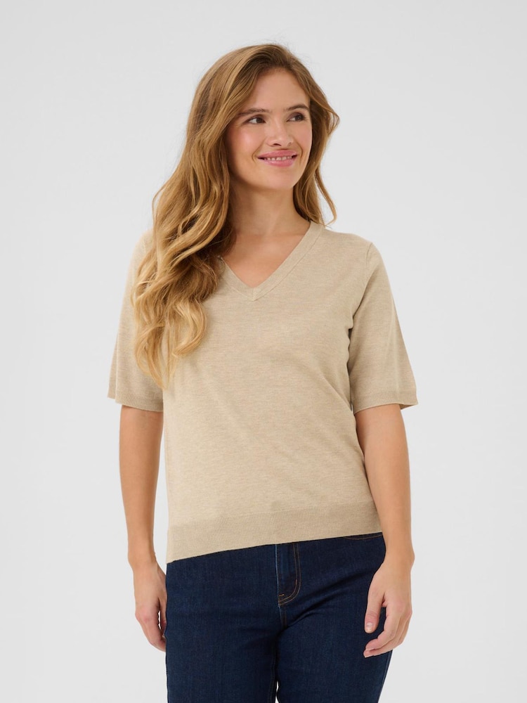 Kaffe Grey KAlizza V-Neck Short Sleeve Pullover Jumper - Image 1 of 6