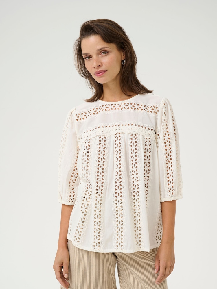 Kaffe KArandy 3/4 Sleeve Woven 100% Cotton White Blouse - Image 1 of 6