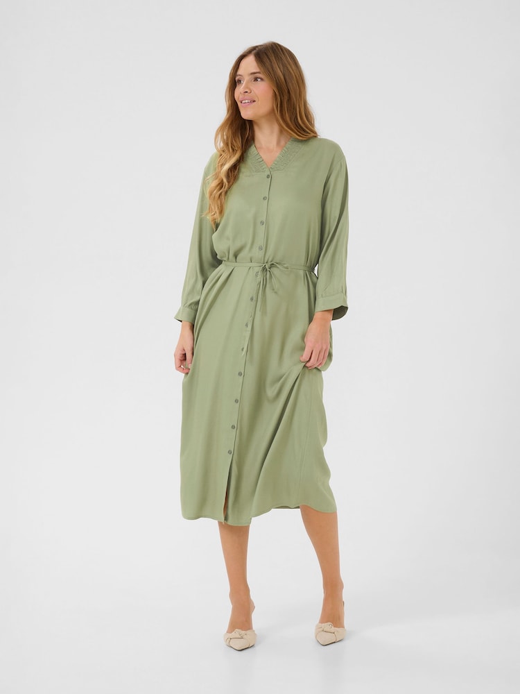 Kaffe Green KAolga Long Sleeve Midi Shirt Dress - Image 1 of 4