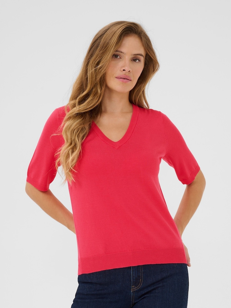 Kaffe Red KAlizza V-Neck Short Sleeve Pullover Jumper - Image 1 of 6