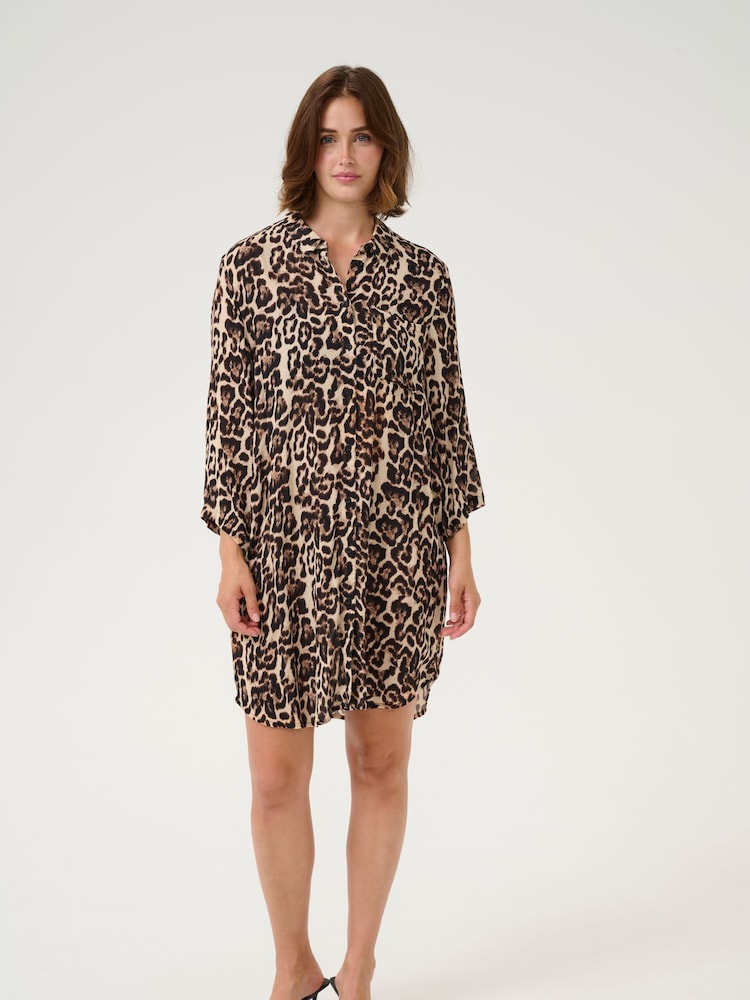 Kaffe Natural KAhildur Leopard Print Amber Shirt Dress - Image 1 of 6