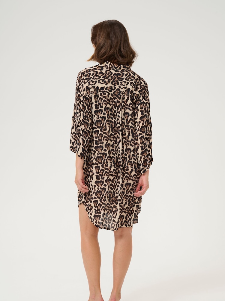 Kaffe Natural KAhildur Leopard Print Amber Shirt Dress - Image 2 of 6