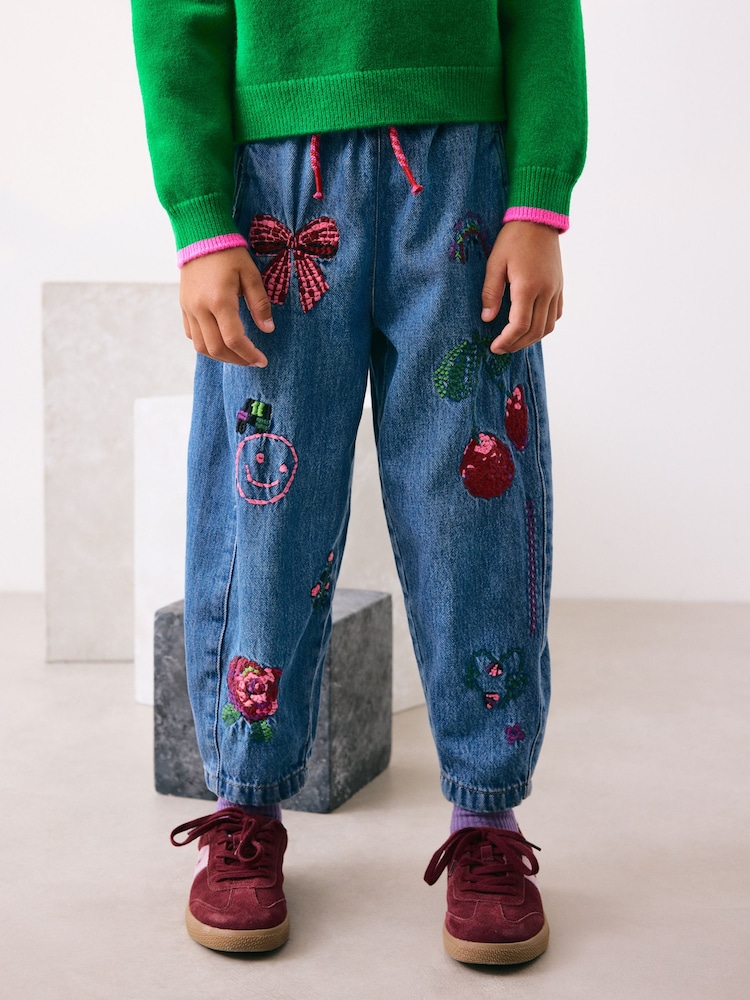 Dark Blue Embroidered Pull On Barrel Jeans (3-16yrs) - Image 1 of 10