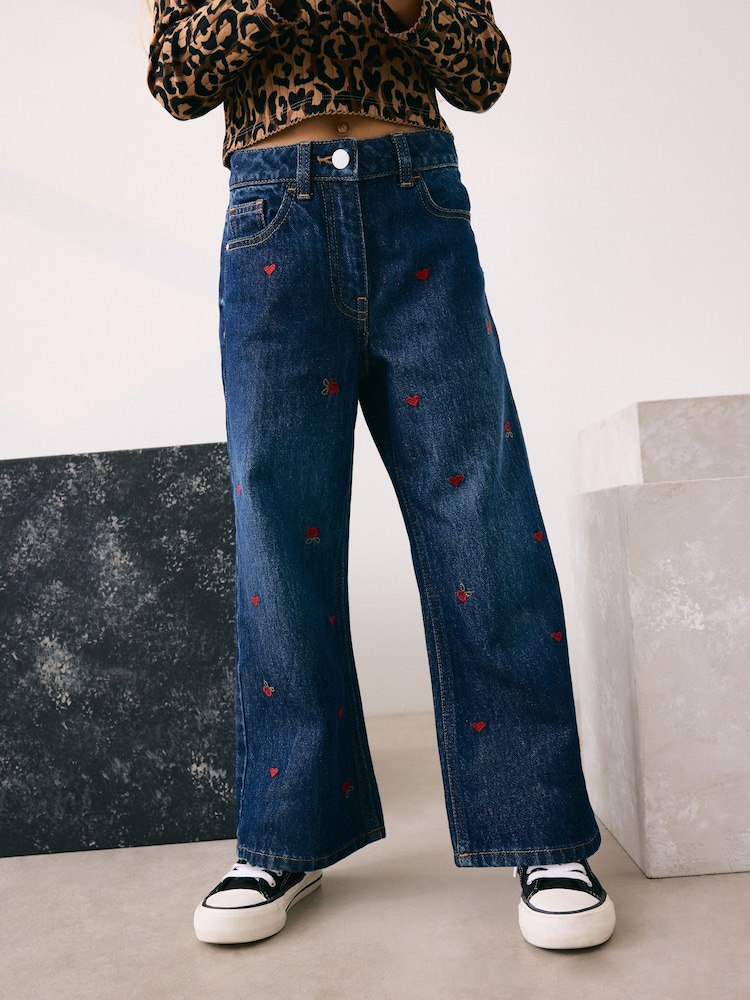 Dark Blue Wide Floral Print Embellished Jeans (3-16yrs) - Image 1 of 9