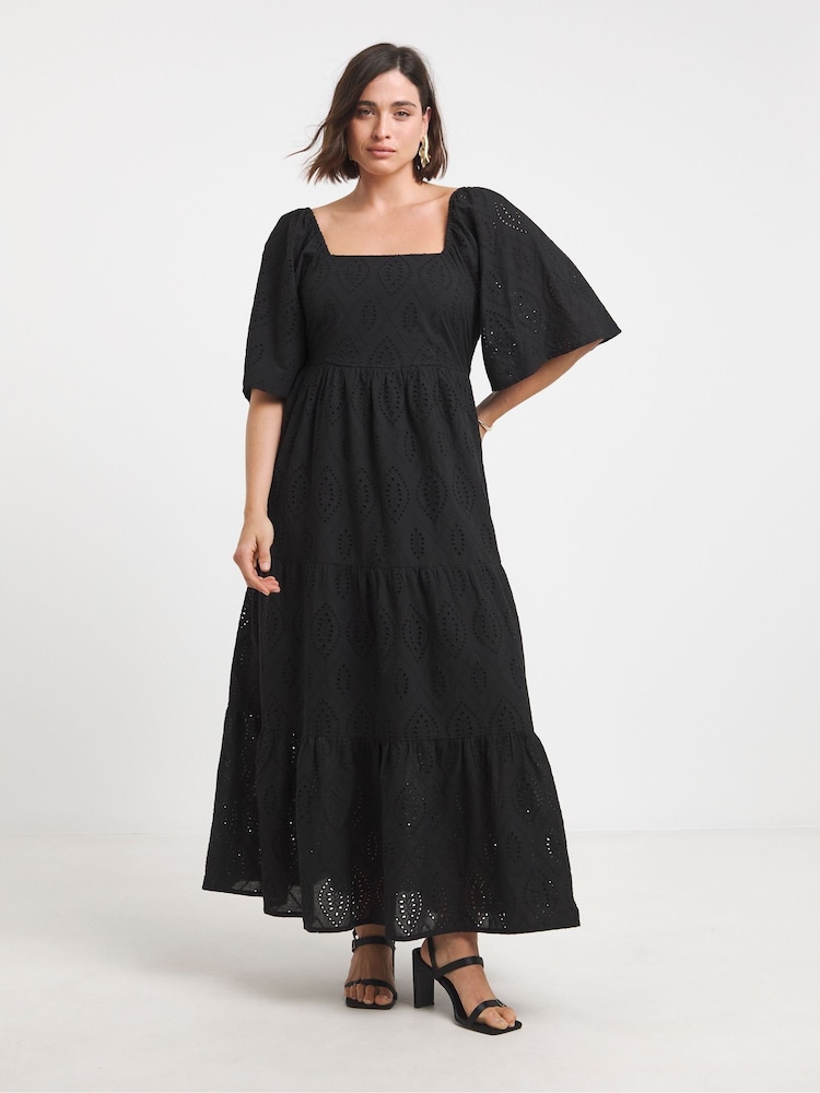 Simply Be Black 100% Cotton Bardot Broderie Maxi Dress - Image 1 of 5