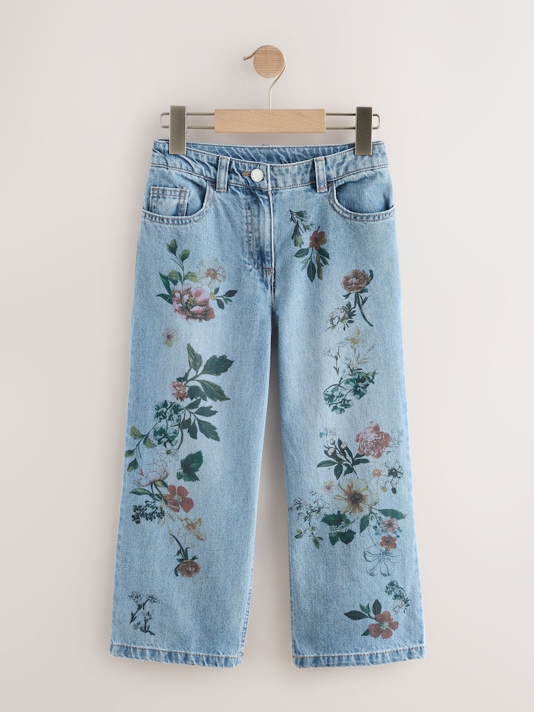 Mid Blue Denim Floral Print Wide Leg Jeans (3-16yrs) - Image 1 of 4