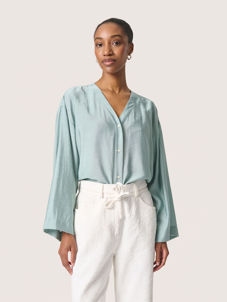 Soaked in Luxury Loose Fit Blue V-Neck SLLeodora Blouse - Image 1 of 6