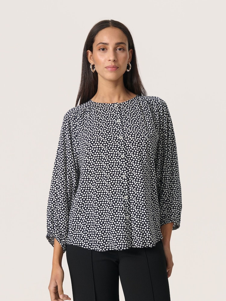 Soaked in Luxury SLArjana Black Blouse with Round Neck and Dots - Image 1 of 6