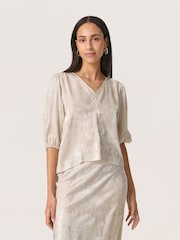 Soaked In Luxury Grey Slkitty V-Neck, Balloon Sleeves Blouse - Image 1 of 6
