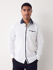 White Hatch Contract Collar Regular Fit Smart Trimmed 100% Cotton Long Sleeve Party Shirt - Image 1 of 9
