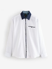 White Hatch Contract Collar Regular Fit Smart Trimmed 100% Cotton Long Sleeve Party Shirt - Image 7 of 9