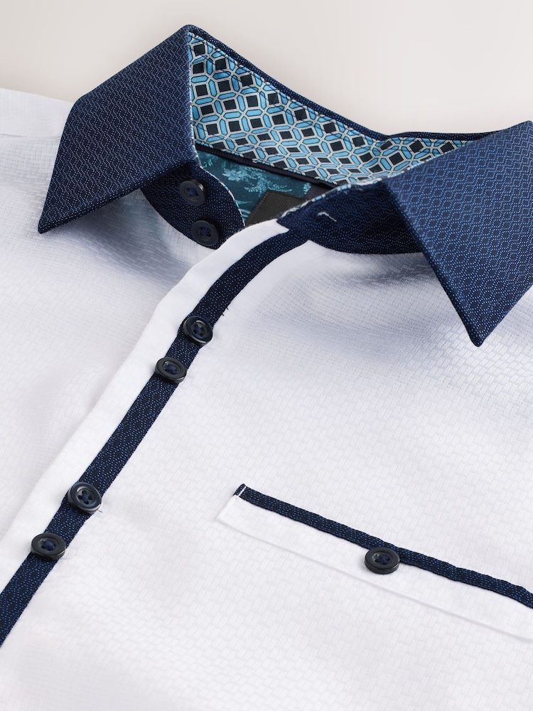 White Hatch Contract Collar Regular Fit Smart Trimmed 100% Cotton Long Sleeve Party Shirt - Image 9 of 9