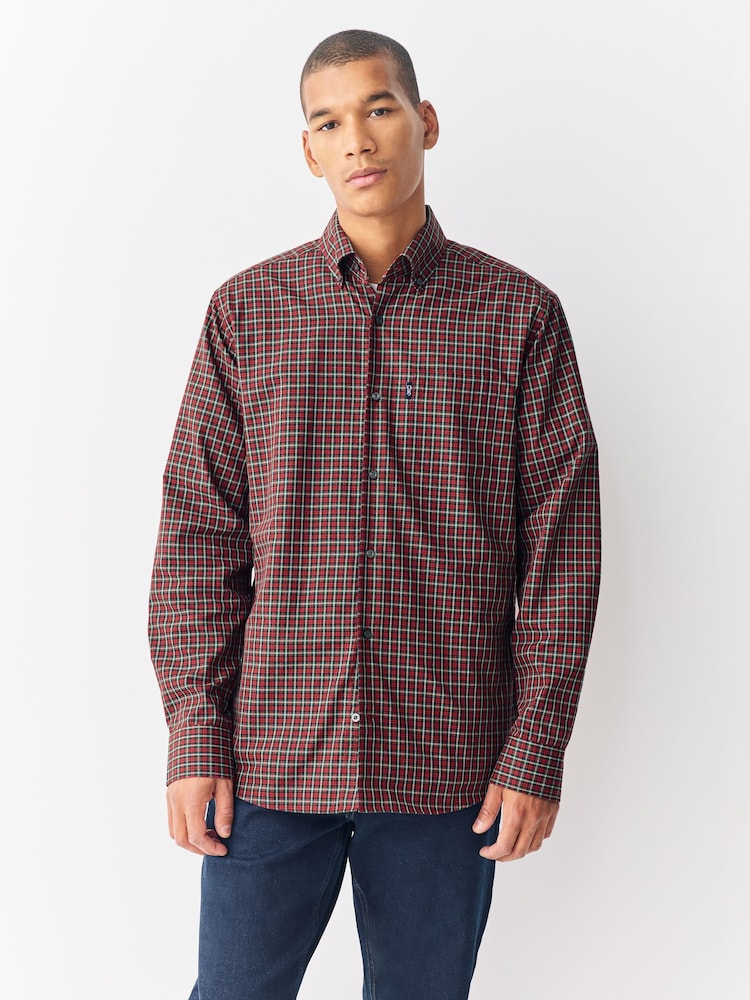 Red Tartan Micro Check Regular Fit Easy Iron Button Down Oxford Shirt - Image 1 of 3 Red Tartan Micro Check Regular Fit Easy Iron Button Down Oxford Shirt - Image 1 of 3