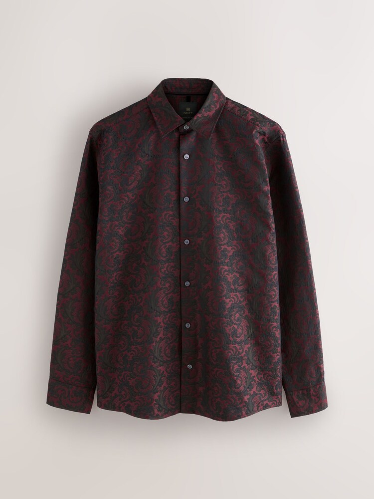 Red 100% Cotton Jaquard Long Sleeve Shirt - Image 1 of 7