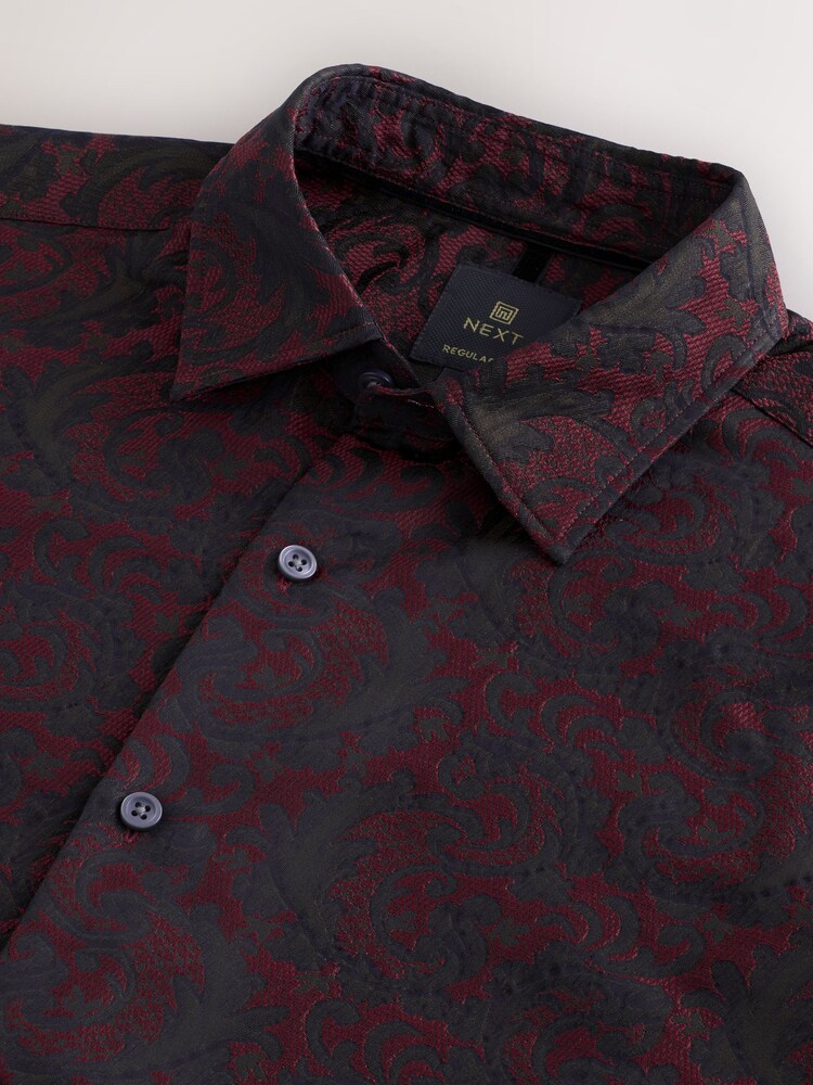 Red 100% Cotton Jaquard Long Sleeve Shirt - Image 2 of 7 Red 100% Cotton Jaquard Long Sleeve Shirt - Image 2 of 7