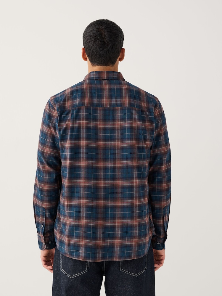 Rust Brown / Navy Check Brushed Flannel Shirt - Image 2 of 9 Rust Brown / Navy Check Brushed Flannel Shirt - Image 2 of 9