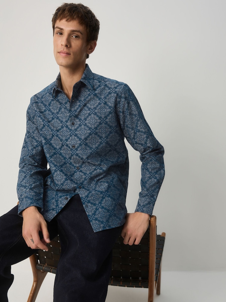 Navy Diamond Jaquard Long Sleeve Shirt - Image 2 of 8