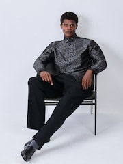 Black/Silver Lurex Leopard Print - Smart Trimmed Long Sleeve Party Shirt - Slika 2 iz 5