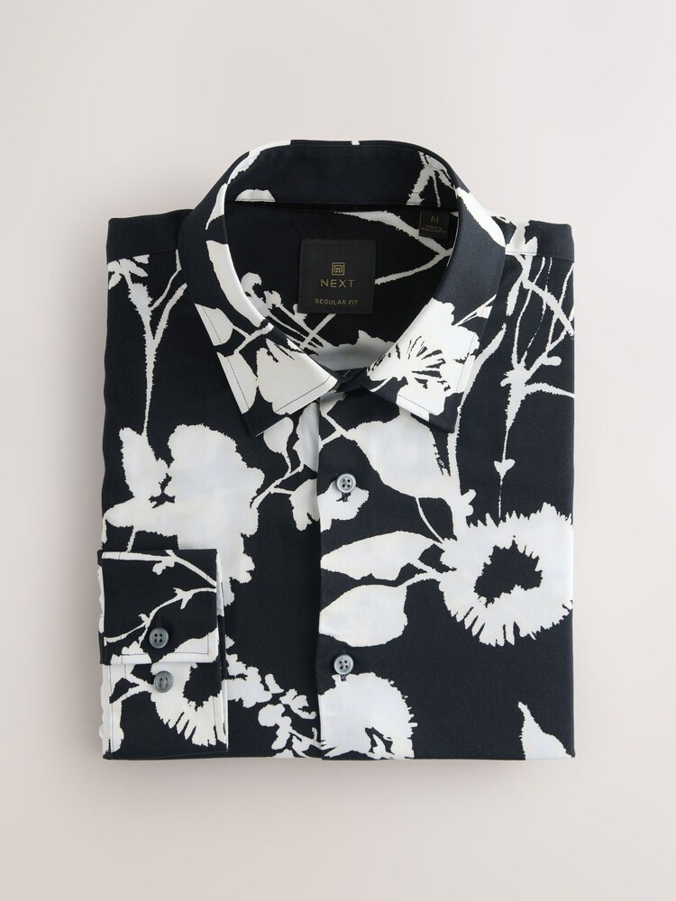 Black Mono Floral Printed Long Sleeve Shirt - Image 1 of 3