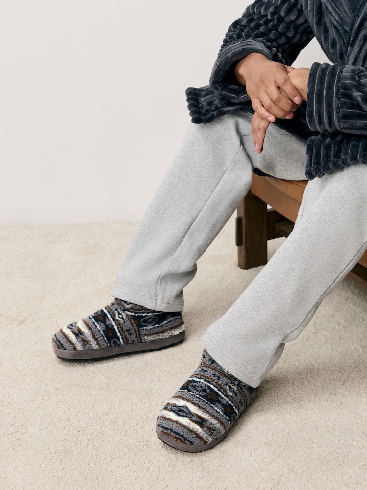 Grey Pattern Fleece Boot Slippers - Image 1 of 7