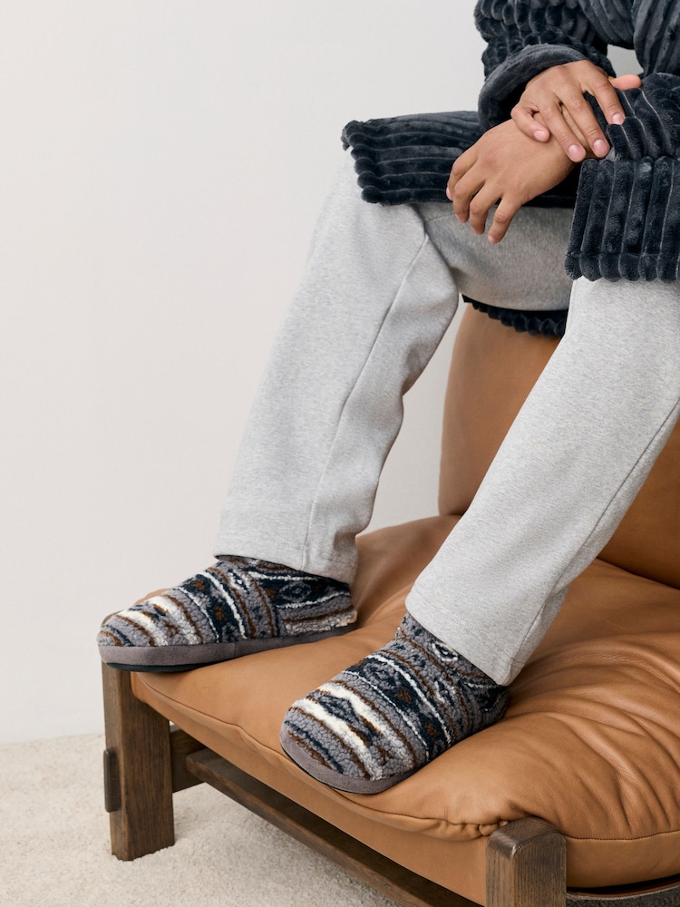 Grey Pattern Fleece Boot Slippers - Image 2 of 7