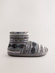 Grey Pattern Fleece Boot Slippers - Image 4 of 7