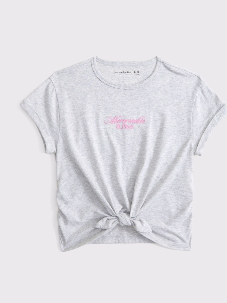Abercrombie & Fitch Grey Cropped Short Sleeve Logo T-Shirt With Tie Front - Image 1 of 2