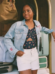 Abercrombie & Fitch Cream High Rise Relaxed Denim Shorts With Floral Print Cut Out Detail - Image 1 of 7