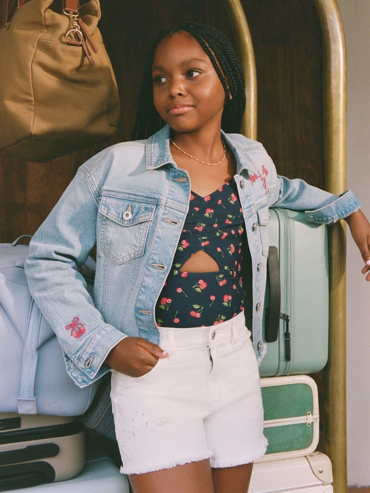 Abercrombie & Fitch Cream High Rise Relaxed Denim Shorts With Floral Print Cut Out Detail - Image 1 of 7