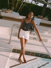Abercrombie & Fitch Cream High Rise Relaxed Denim Shorts With Floral Print Cut Out Detail - Image 2 of 7
