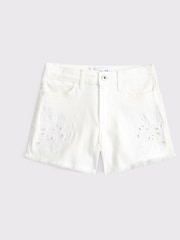 Abercrombie & Fitch Cream High Rise Relaxed Denim Shorts With Floral Print Cut Out Detail - Image 3 of 7