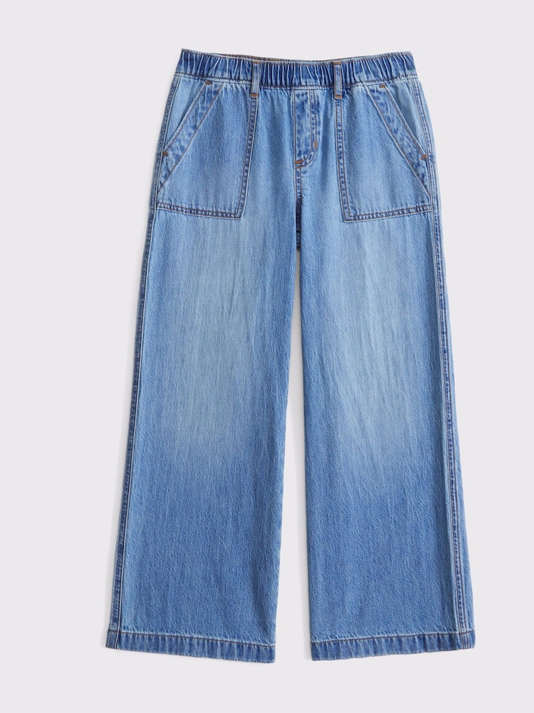 Abercrombie & Fitch Blue High Rise Pull On Wide Leg 100% Cotton Trousers - Image 1 of 1