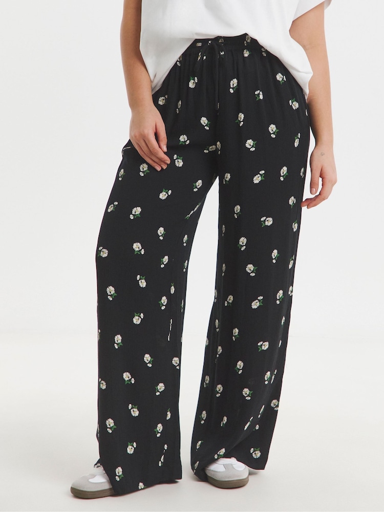 Simply Be Black Floral Crinkle Wide Leg Trousers - Image 1 of 4