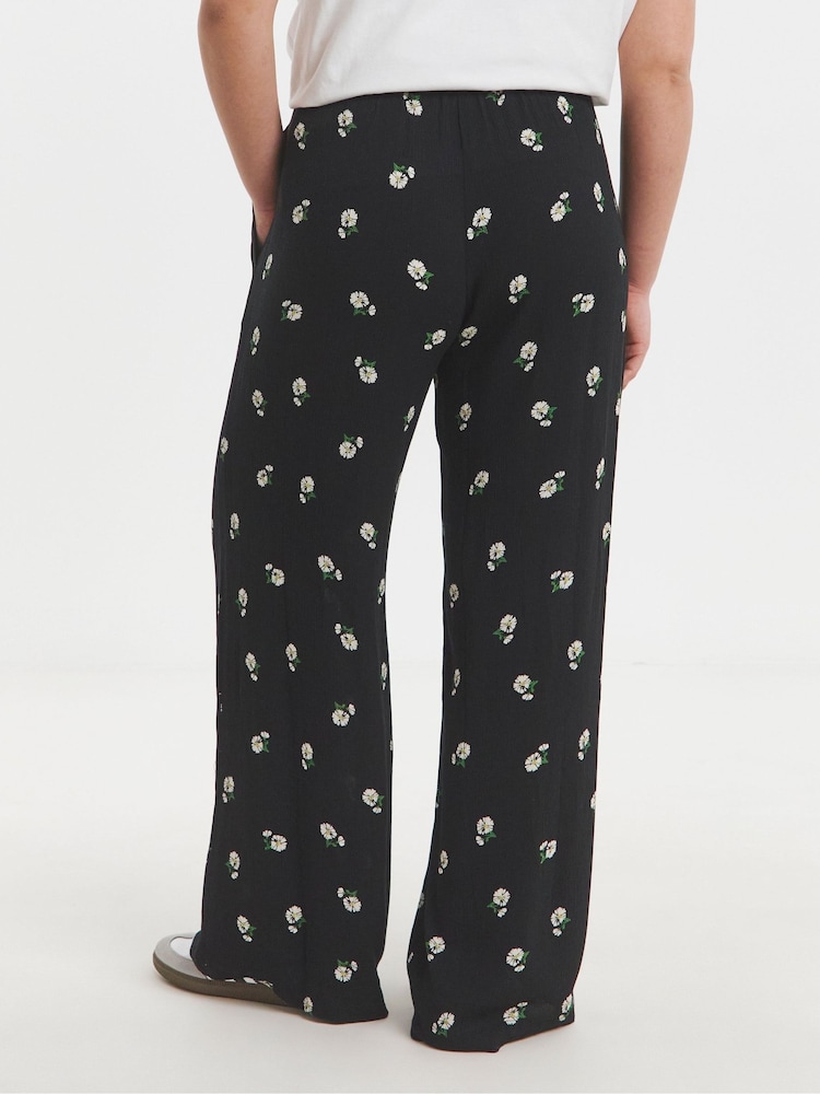 Simply Be Black Floral Crinkle Wide Leg Trousers - Image 2 of 4